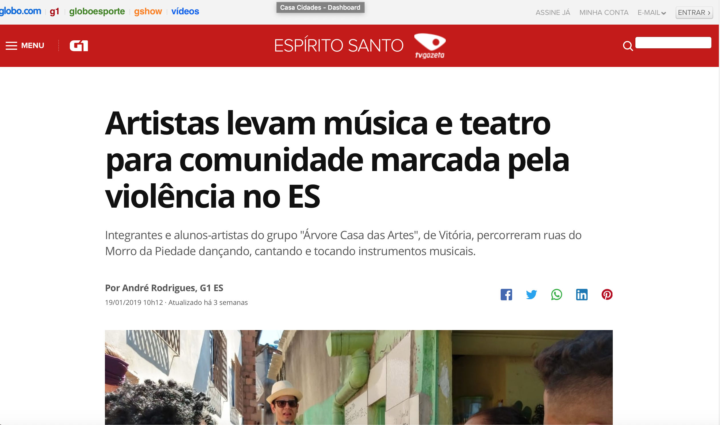 Clipping: Artistas levam música e teatro para comunidade marcada pela violência no ES (G1-ES)
